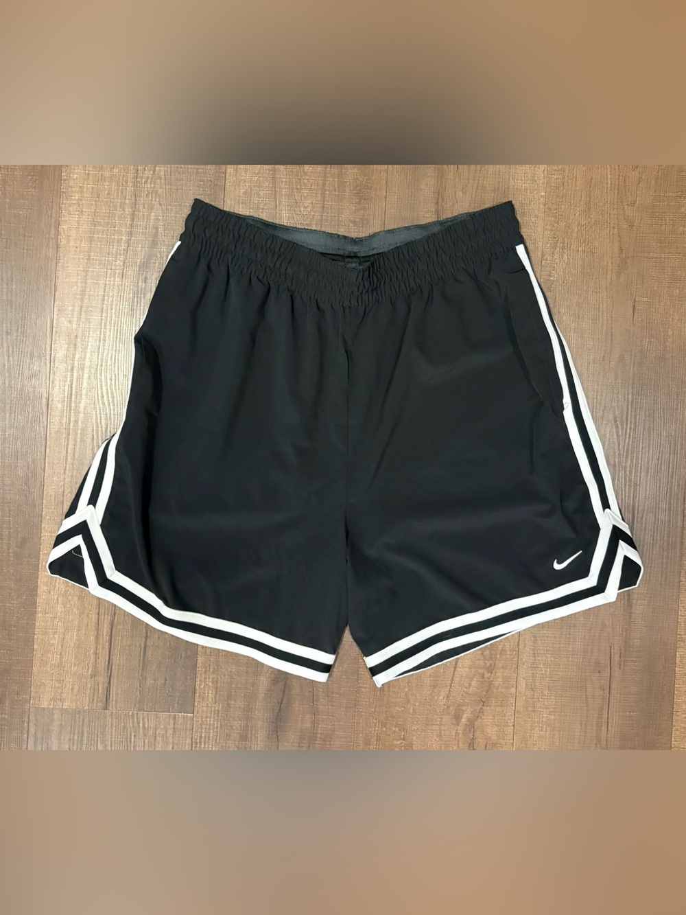 Nike Dri-FIT Men's Large Black Athletic Shorts, White Trim Drawstring
